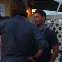 Jensen Ackles talks to Jared Padelecki before a performance at Bard on the Beach 2012